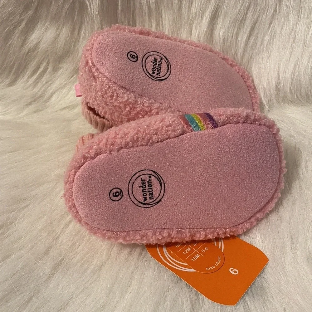 Wonder Nation Slippers Girls Size 6 Pink Fuzzy Rainbow Booties Shoes 18 Months